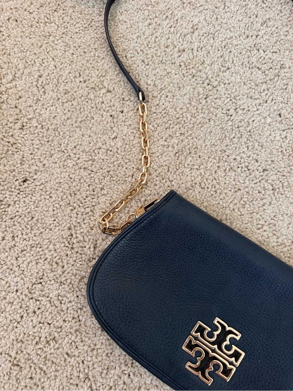 Tory Burch Black Leather Crossbody Bag with Gold Logo and Chain